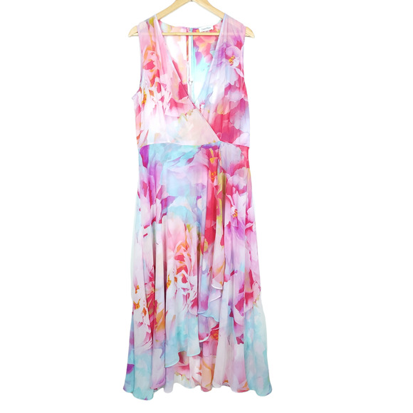 Calvin Klein Dresses & Skirts - Calvin Klein Womens Floral Midi Dress 16 Plus Size Pink Purple Pastel A-Line